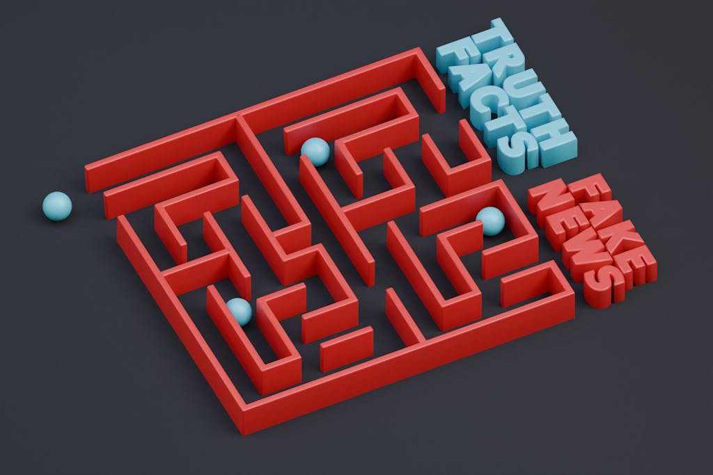 MC Lyte Car Crash 3D render of a red maze labeled with fake news and truth concepts.