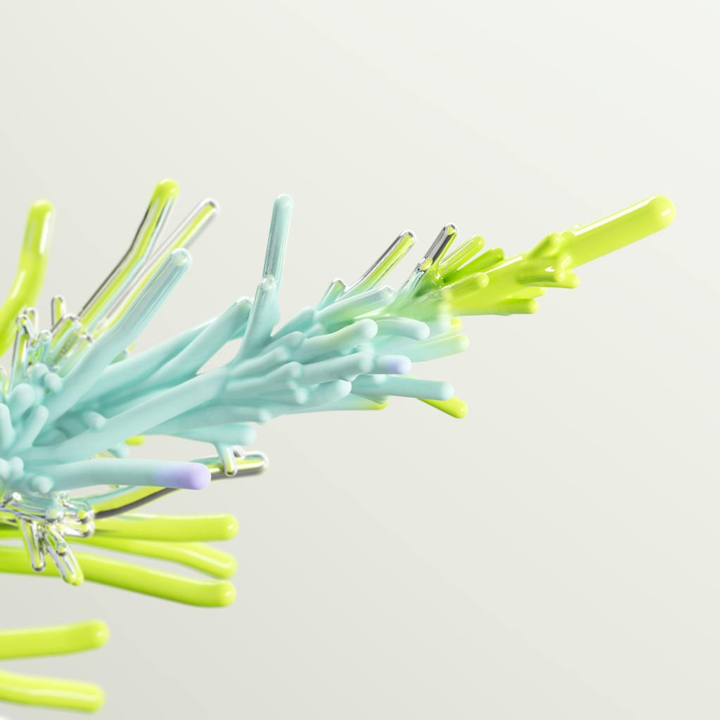 Edivawe A colorful abstract 3D render depicting AI concepts with dynamic shapes and vibrant colors.