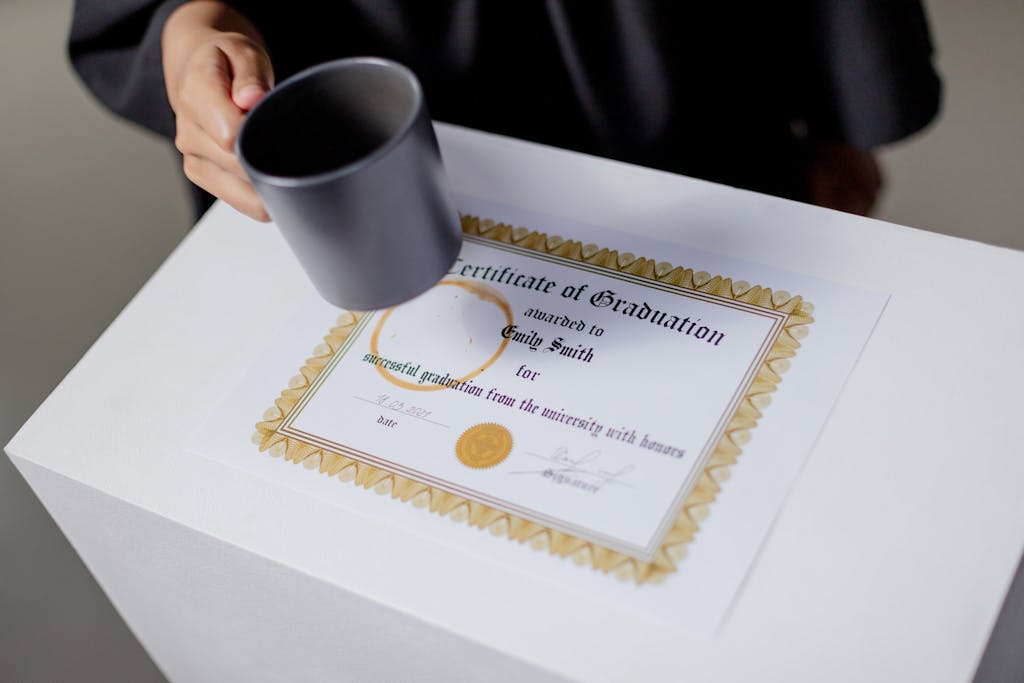 Six Sigma Certification Online A graduation certificate on a white table with a hand holding a mug, symbolizing achievement.
